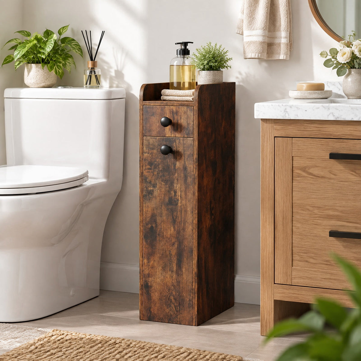 Airfind Bathroom Storage Cabinet, Small, 4-Tier with Slide Out Drawers on Casters, 66 lbs Capacity, MDF Frame, 16 Inch x 7 Inch x 27.5 Inch Drawer, Brown