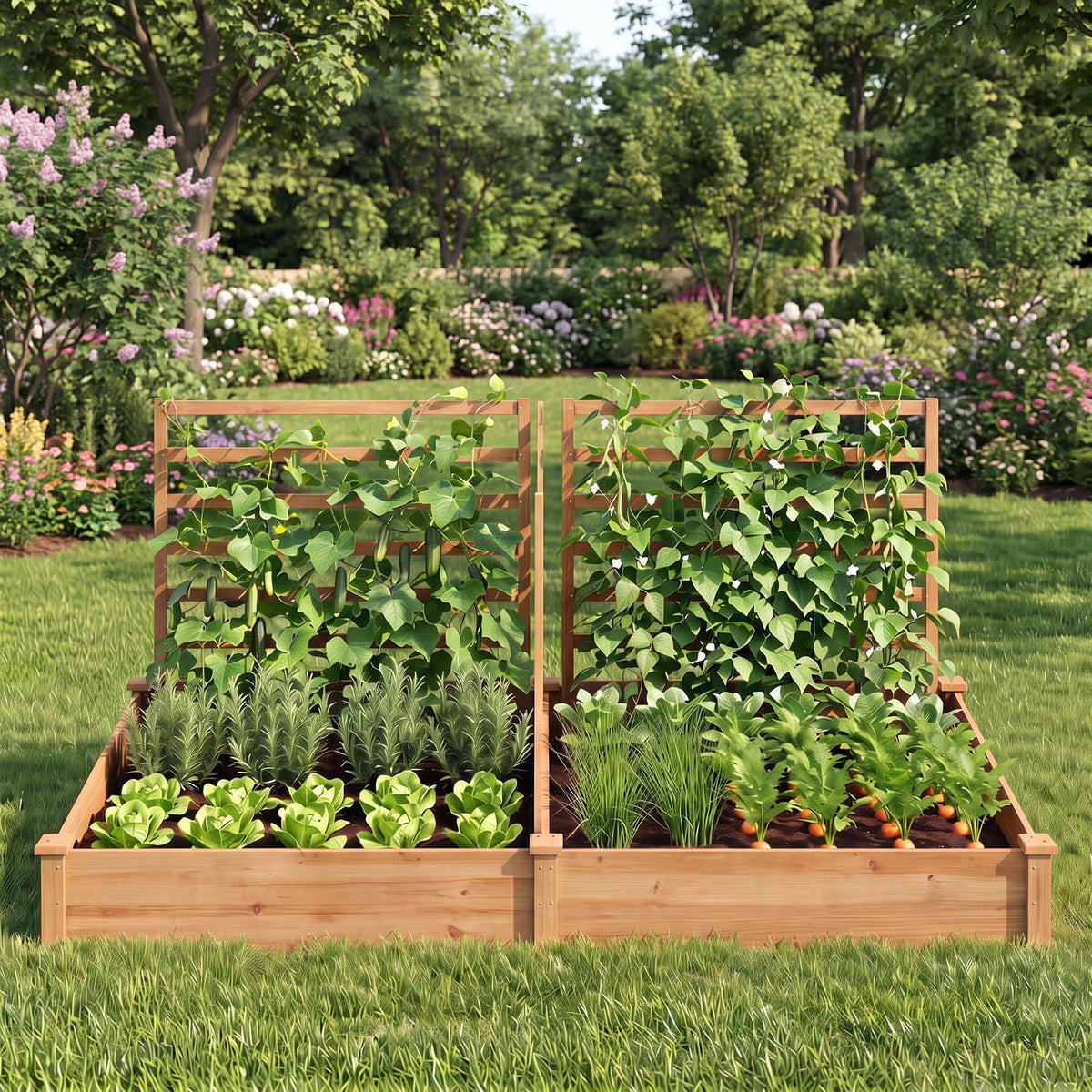 Airfind Raised Garden Bed with 2 Planter Boxes and 3 Trellis, 22 lbs Capacity, Fir Wood Frame, 88 x 45 x 43 (L x W x H) Interior Footprint, Brown