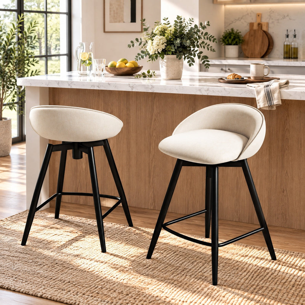Airfind Upholstered Bar Stools Set of 2 with Footrest and Backrest, 330 lbs Capacity, Metal Linen Fabric Sponge Frame, Beige