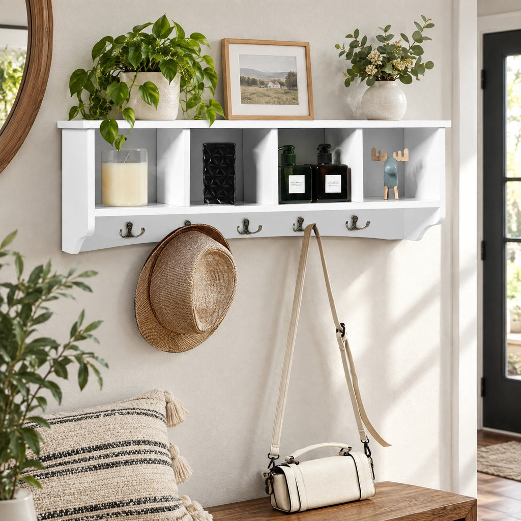 Airfind Wall-Mounted Storage Cabinet Hanging Entryway Shelf Coat Rack, 11 lbs Capacity, P2 MDF Frame, White