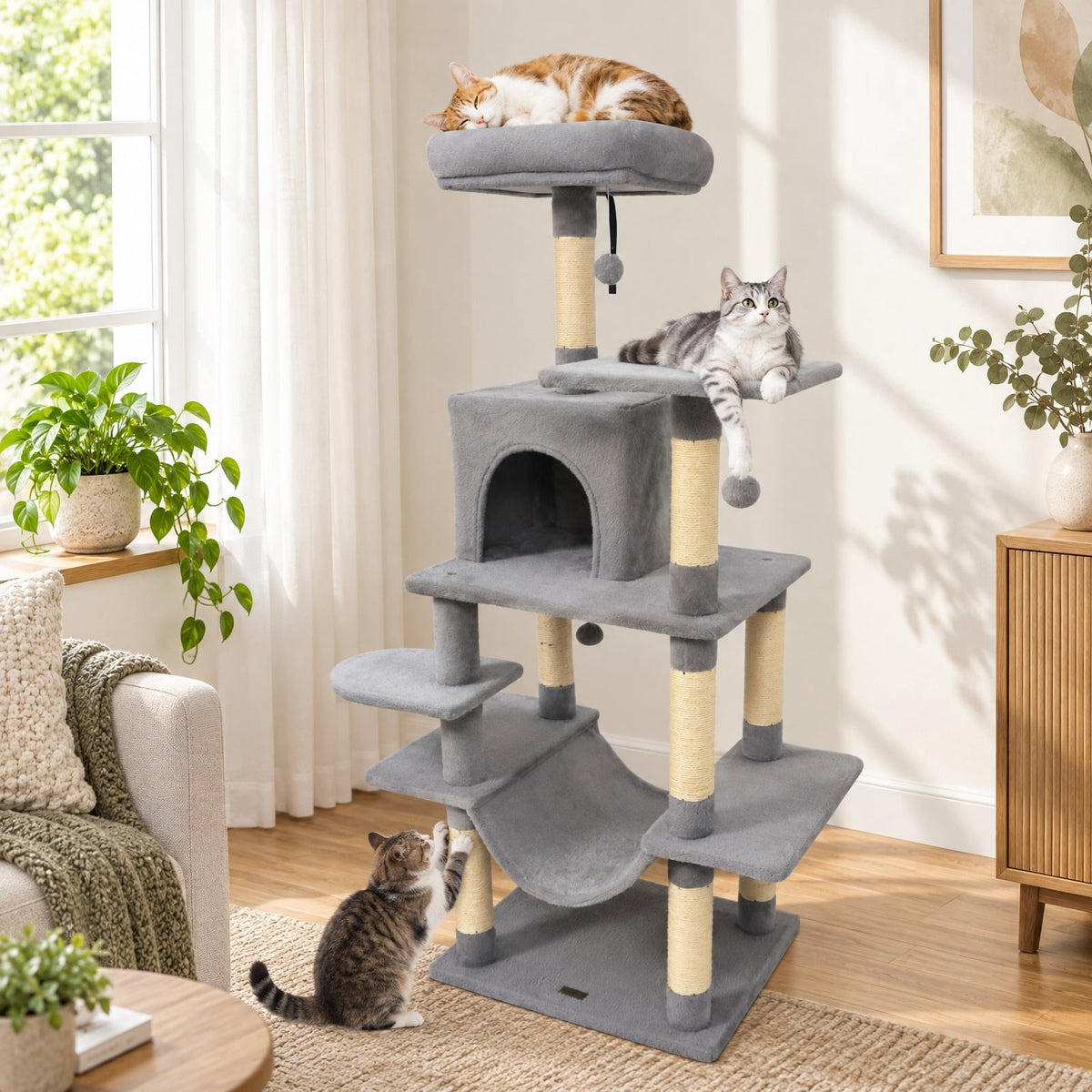 Airfind 58 Multi-Level Cat Tree Soft Plush Cat Tower with Padded Top Perch, PP Cotton Fabric Sisal Engineered Wood Overall Height 58 Base Frame