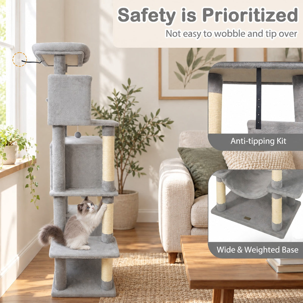 Airfind Large Cat Tree for Indoor Cats 70 Tall Cat Tower, 33 lbs Capacity, Plush Fabric Sisal Engineered Wood Overall Height 70 Base Frame
