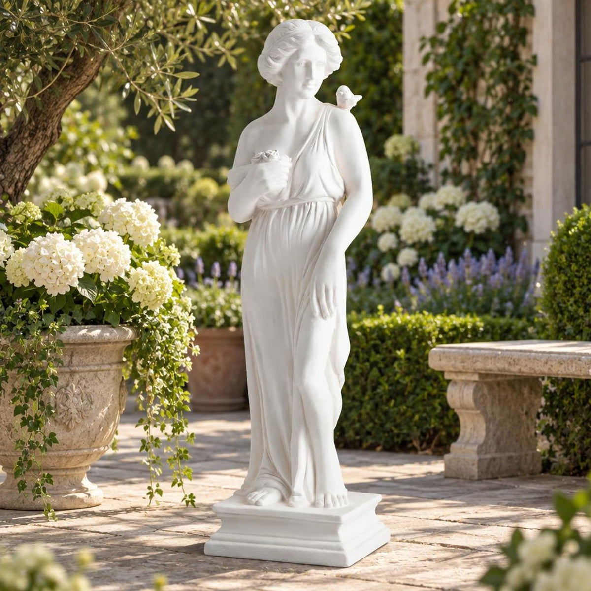 Airfind 31.5 Inch Outdoor Greek, Goddess Statue with Antique Finish and Column Base, Magnesium Oxide Fiber Filaments Frame, 9 Inch x 8 Inch x 31.5 Inch, White