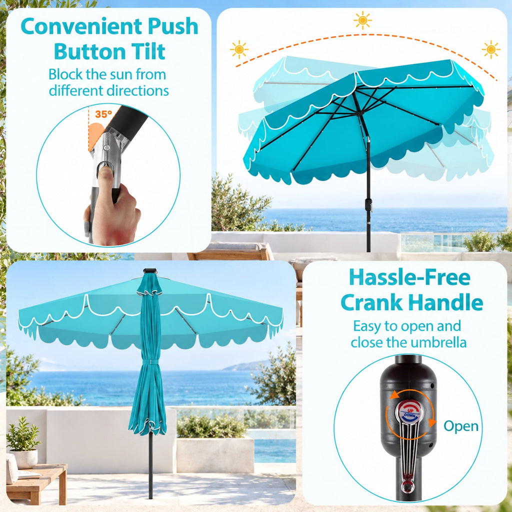 Airfind 10 Feet Solar Patio Umbrella with 24 LED Lights, Polyester Fabric Metal Frame, 10 x 8.3 ft Umbrella Rim Height 6.9 ft Footprint, Turquoise
