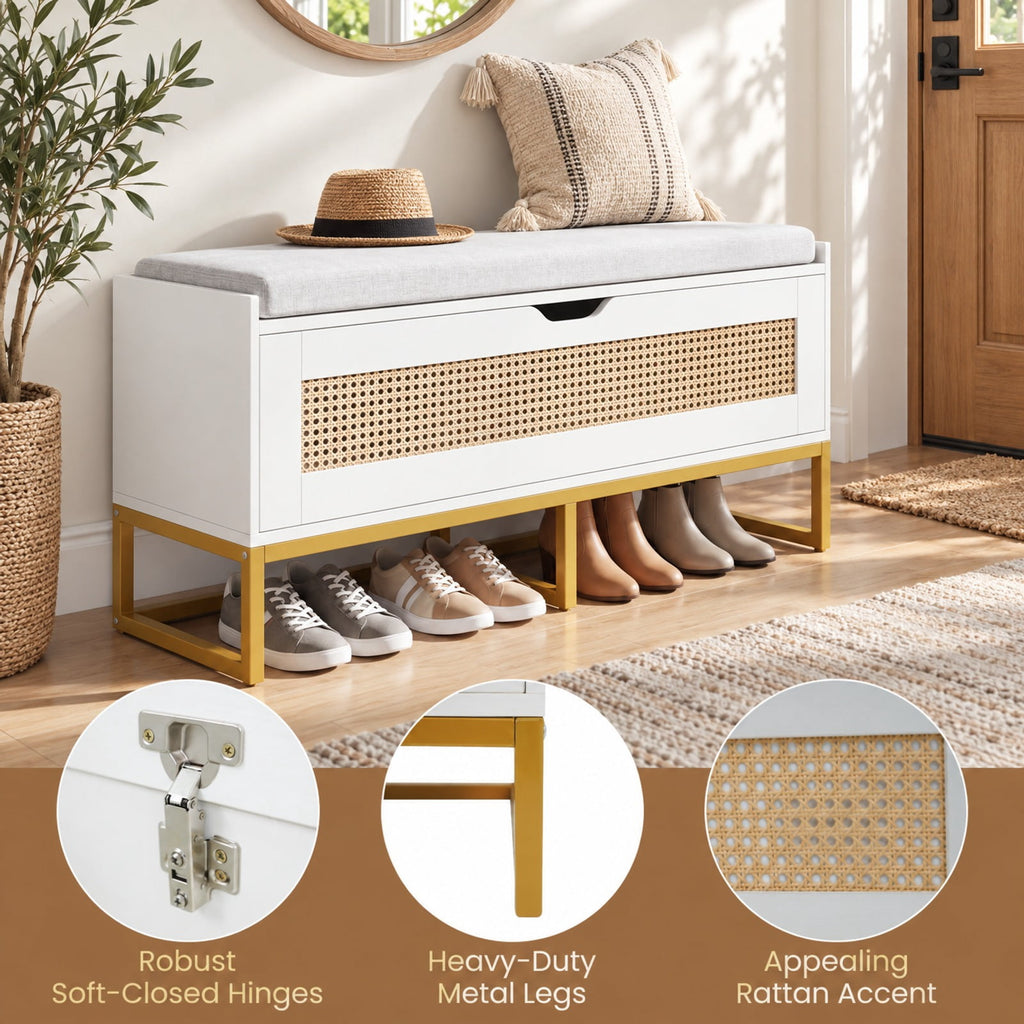 Airfind 39.5in Rattan Storage Chest Wicker Shoe Bench with Padded Seat Flip-Top, 440 lbs Capacity, Engineered Wood PE Rattan Metal Frame, White