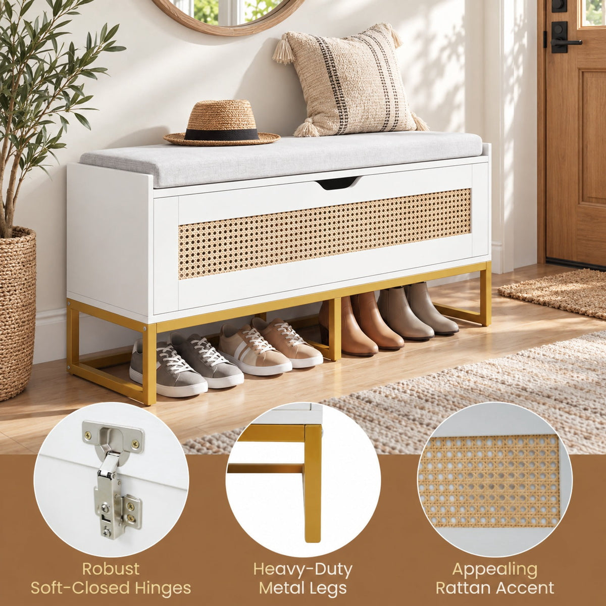 Airfind 39.5in Rattan Storage Chest Wicker Shoe Bench with Padded Seat Flip-Top, 440 lbs Capacity, Engineered Wood PE Rattan Metal Frame, White