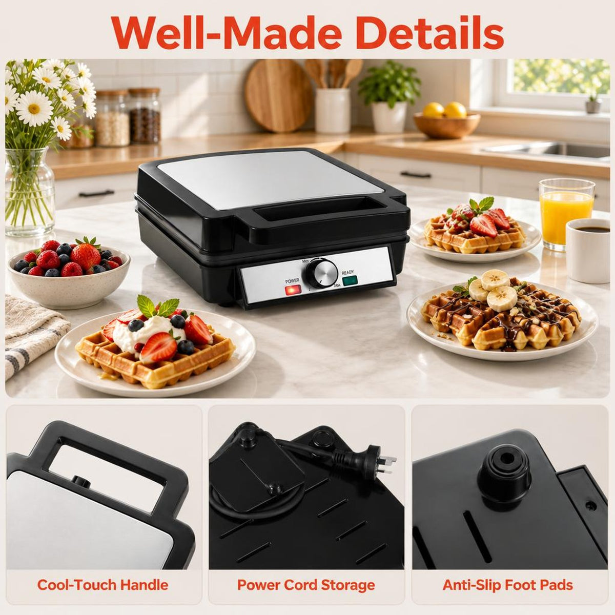 Airfind Belgian Waffle Maker 4-Slice 1200W with Browning Knob and Nonstick Plates-Black and Silver, Aluminum Frame, 12.5in x 9.5in x 4.5in Footprint
