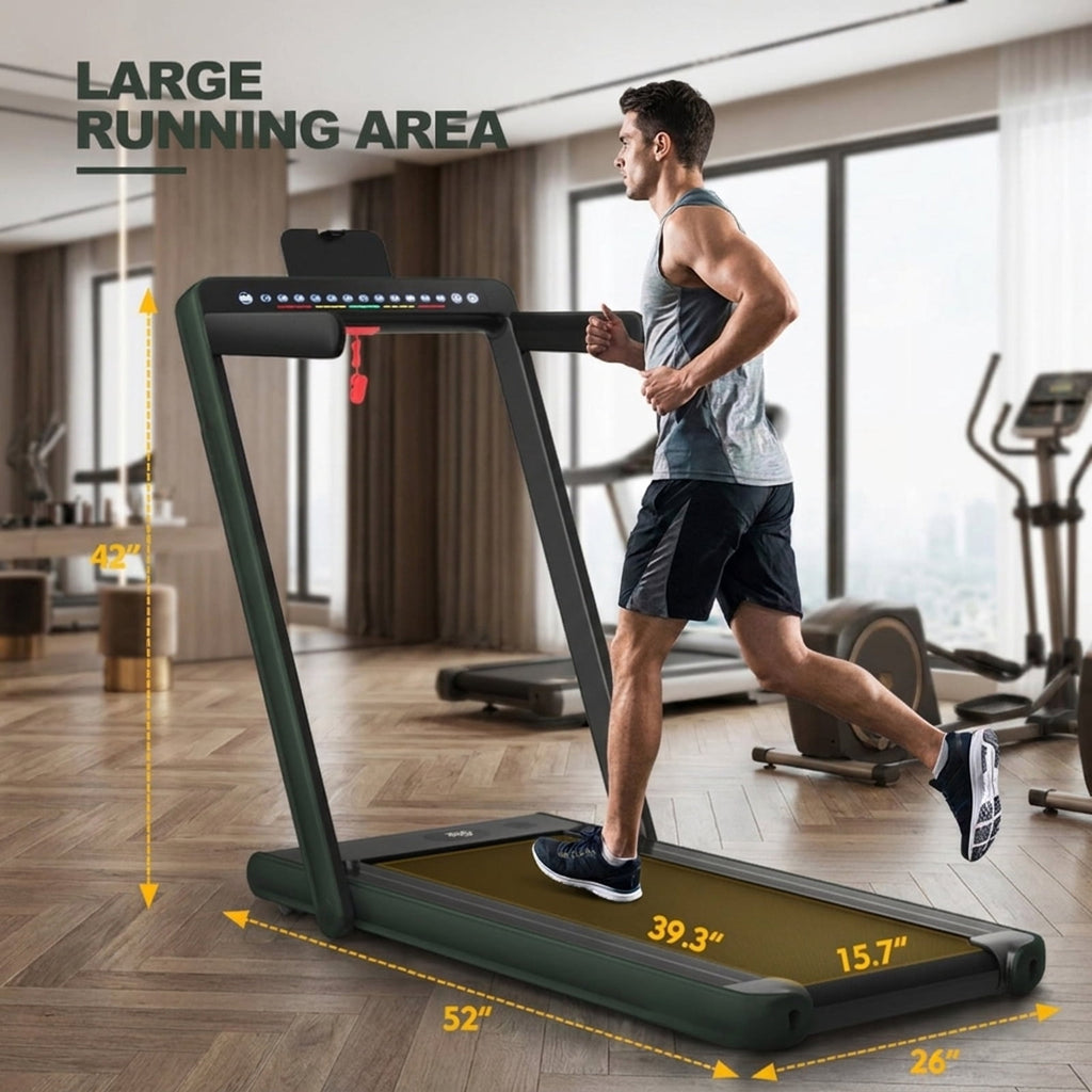 Airfind 2-in-1 Walk-to-Run Folding Treadmill for home with audio console and app sync plus cushioned belt for small spaces, Green