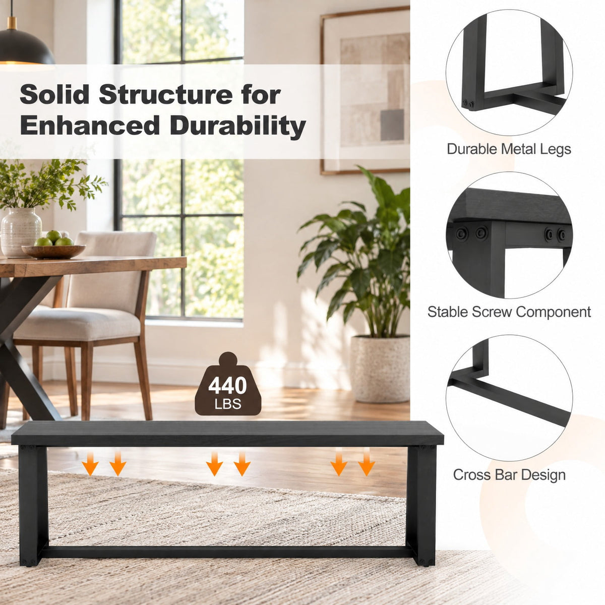 Airfind Wood Dining Bench with Metal Frame and Adjustable Footpads, 56.5 Inch x 16.5 Inch x 18 Inch Weight Footprint, Black