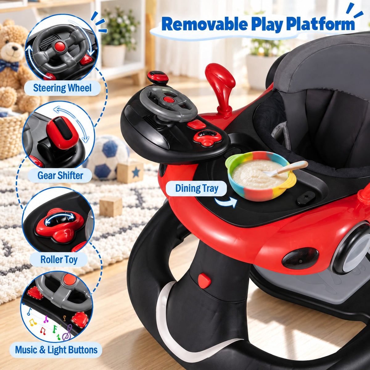 Airfind 6-in-1 Baby Walker with Canopy Portable Activity Center Bouncer Rocker Combo with Music, 27 lbs Capacity, PP ABS Fabric Sponge Frame, Red