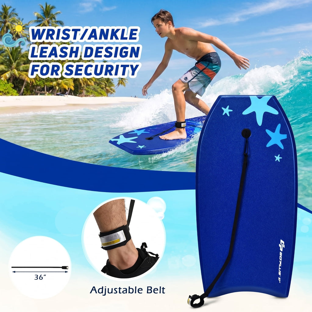 Airfind 41 Inch Portable Travel Bodyboard for Adults ¡ª XPE Deck, EPS Core, HDPE Slick Bottom, Crescent Tail, Wrist Leash (Blue)