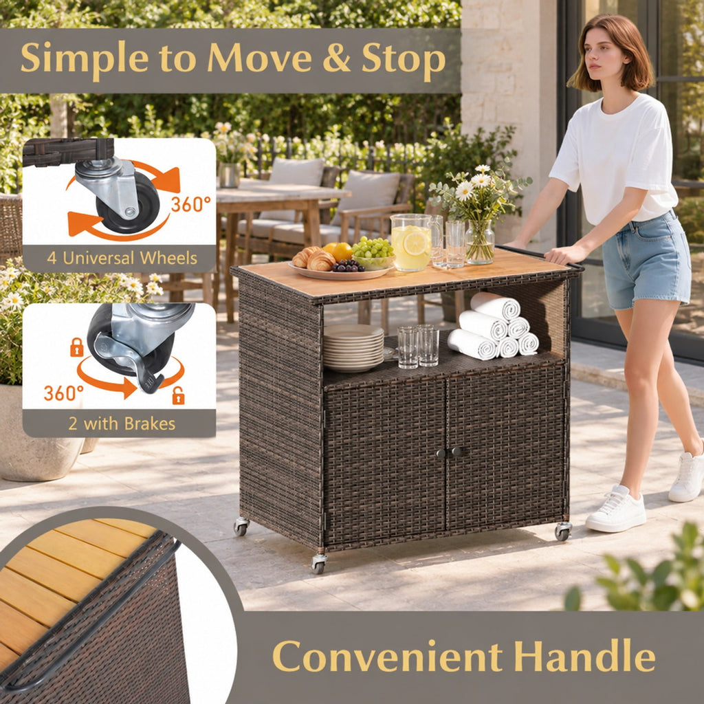 Airfind Outdoor Storage Cabinet with Acacia Wood Top and Lockable Wheels, 180 lbs Capacity, PE Rattan Acacia Wood Metal Frame, Black