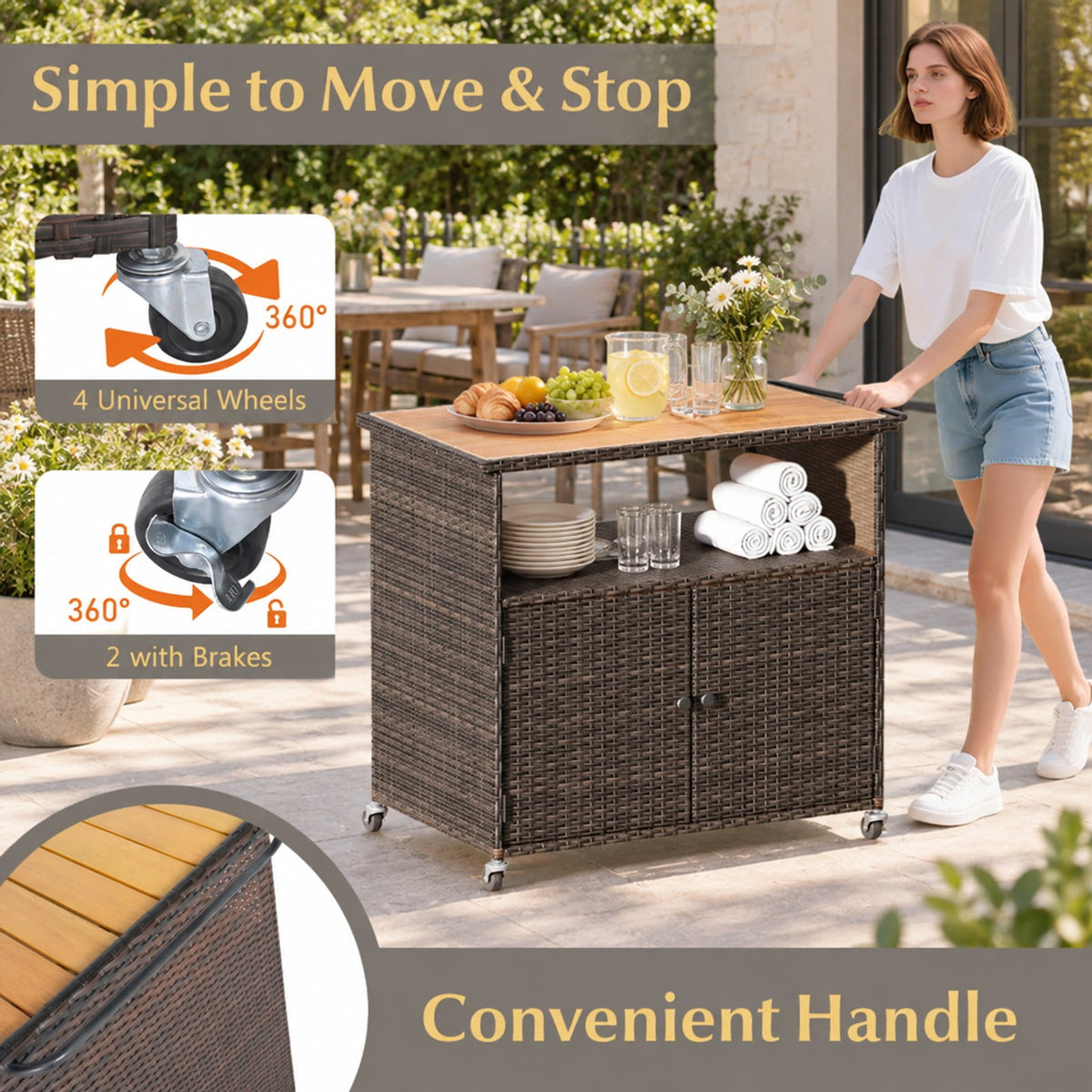 Airfind Outdoor Storage Cabinet with Acacia Wood Top and Lockable Wheels, 180 lbs Capacity, PE Rattan Acacia Wood Metal Frame, Black