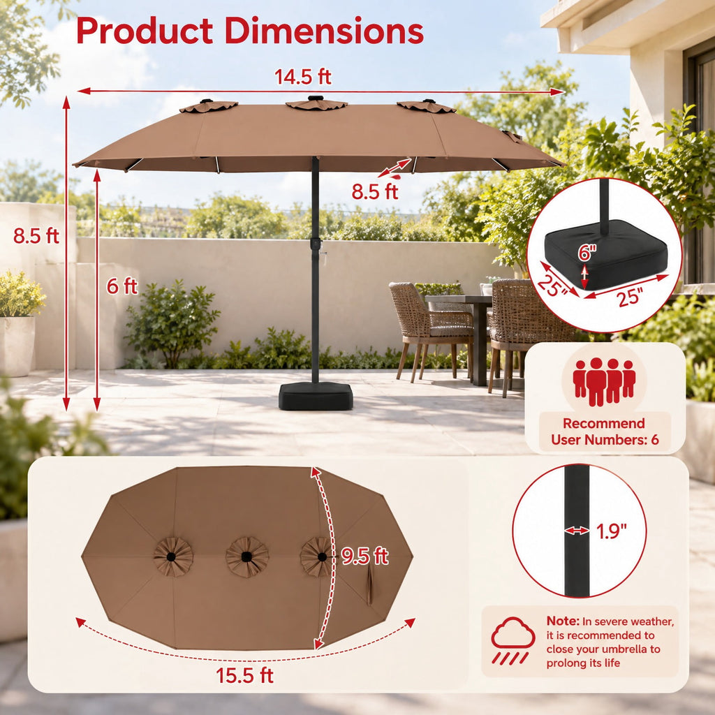 Airfind 15.5FT Extra-Large Patio Umbrella with Base 12 Reinforced Ribs, 180G Polyester Fabric Metal External Frame, Brown