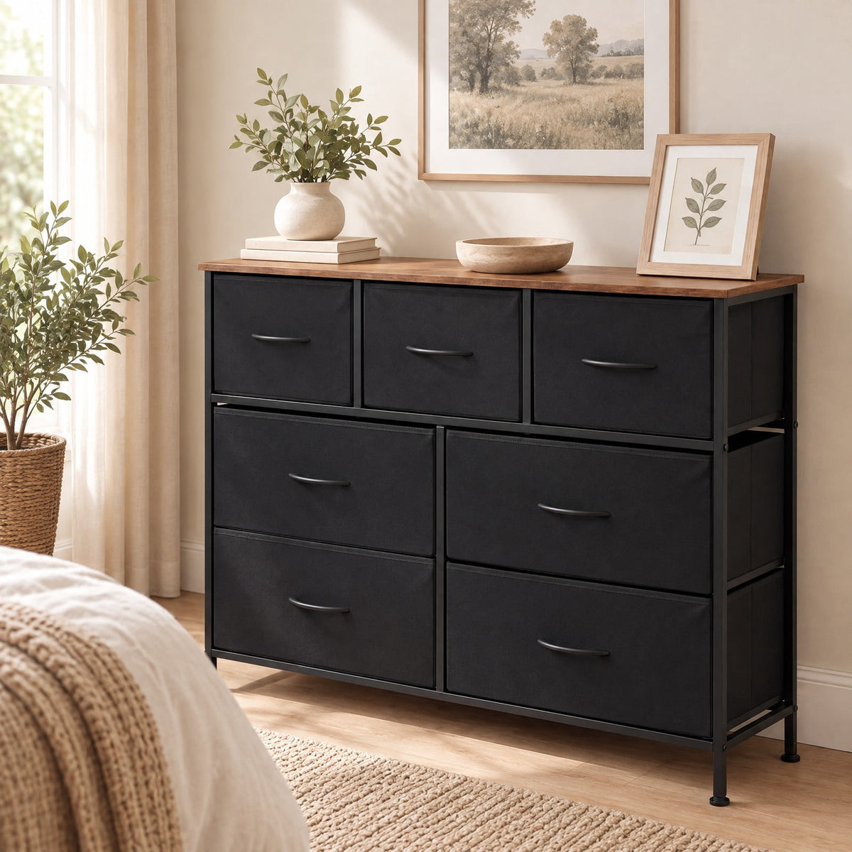 Airfind 7-Drawer Wide Dresser with 2-Sized Folding Fabric Drawers for Bedroom, 155 lbs Capacity, Engineered Wood Frame, 39.5in x 12in x 31in Footprint