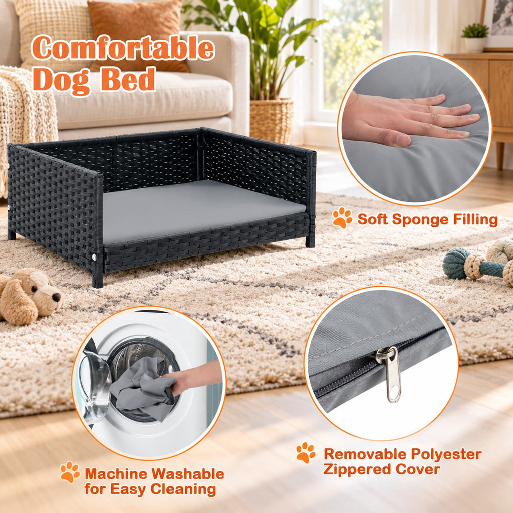 Airfind Rattan Dog Bed with Waterproof Soft Cushion for Medium Small Dogs Cats, 66 lbs Capacity, 24.5in x 18in x 10in Footprint, Gray