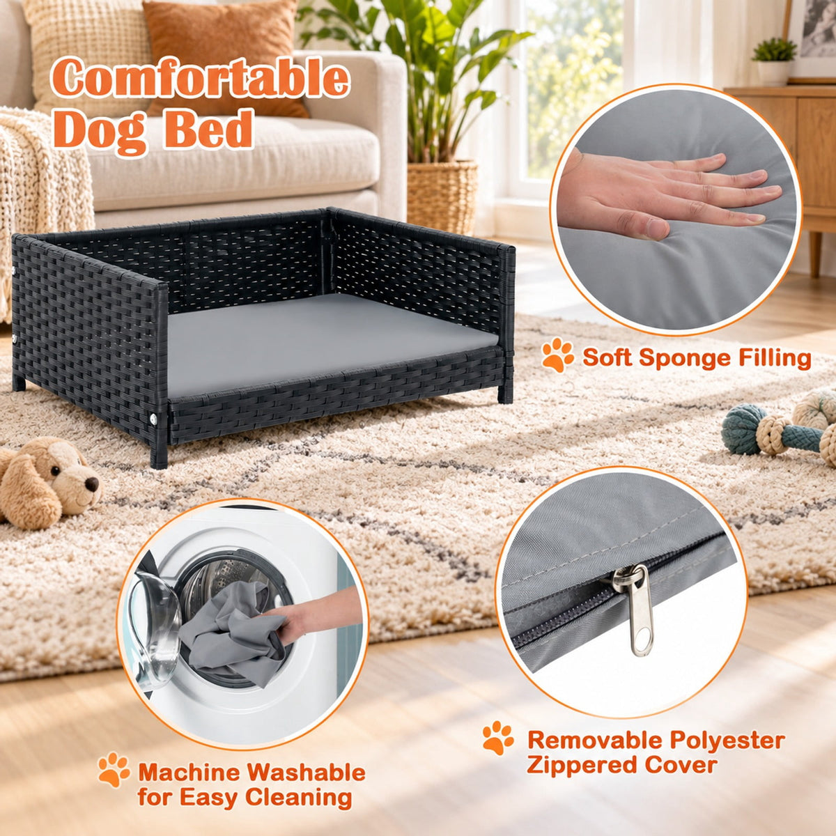 Airfind Rattan Dog Bed with Waterproof Soft Cushion for Medium Small Dogs Cats, 66 lbs Capacity, 24.5in x 18in x 10in Footprint, Gray