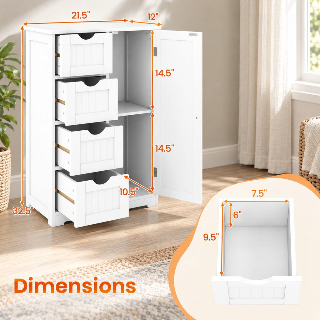 Airfind Standing Indoor Wooden Cabinet with 4 Drawers, 143 lbs Capacity, MDF Engineered Wood Frame, 21.5 Inch x 12 Inch x 32.5 Inch Footprint, White