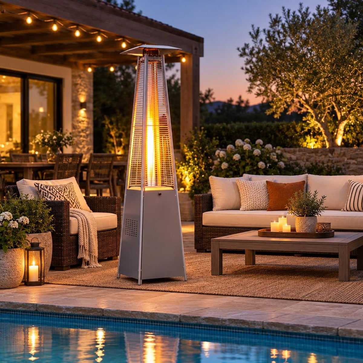 Airfind 45000 BTU Pyramid Patio Heater with Zippered Cover Triple Safety Protection and wheels, Gray