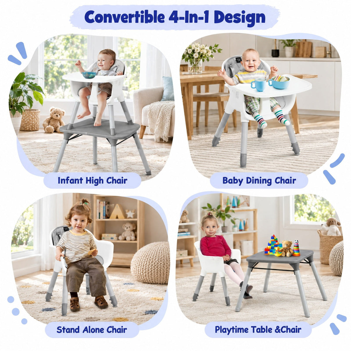 Airfind 4-in-1 Baby Convertible Toddler Table Chair Set with PU Cushion, 33 lbs Capacity, PU PP metal Frame, for 6-36 months, Gray