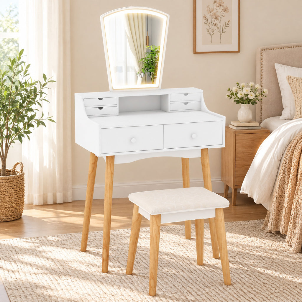Airfind Vanity Desk Set with 3-Color Adjustable LED Lighted Mirror and Drawers, 110 lbs Capacity, P2 MDF Frame, 27in x 15.5in x 52in Footprint, White