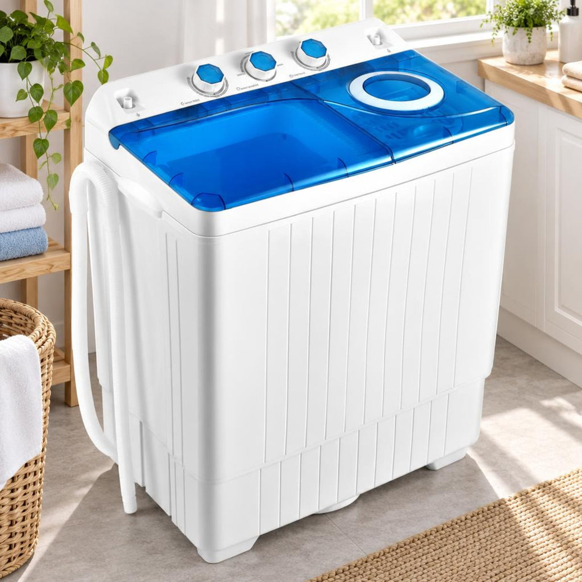 Airfind 26lbs Portable Semi-Automatic Twin Tub Washing Machine with Drain Pump, PP ABS Rated Frame, 27.5 x 16 x 32 Footprint, Blue
