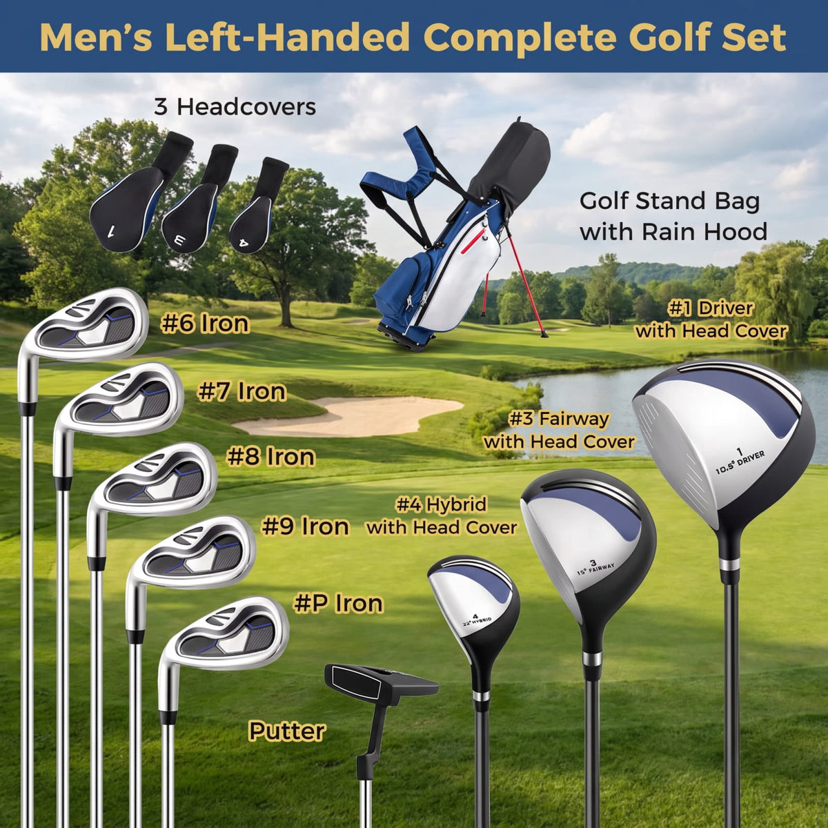Airfind Mens Left Handed Complete Golf Club Set with Woods Irons and Putter and Lightweight Stand Bag and Rain Hood, Blue