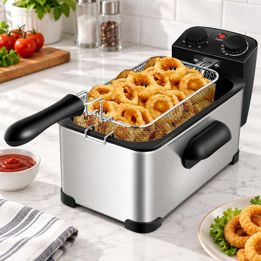 Airfind 3.2 Quart Electric Stainless Steel Deep Fryer featuring Timer, Stainless Steel Iron Frame, 21.5 Inch x 9.5 Inch x 8.5 Inch Footprint, Silver