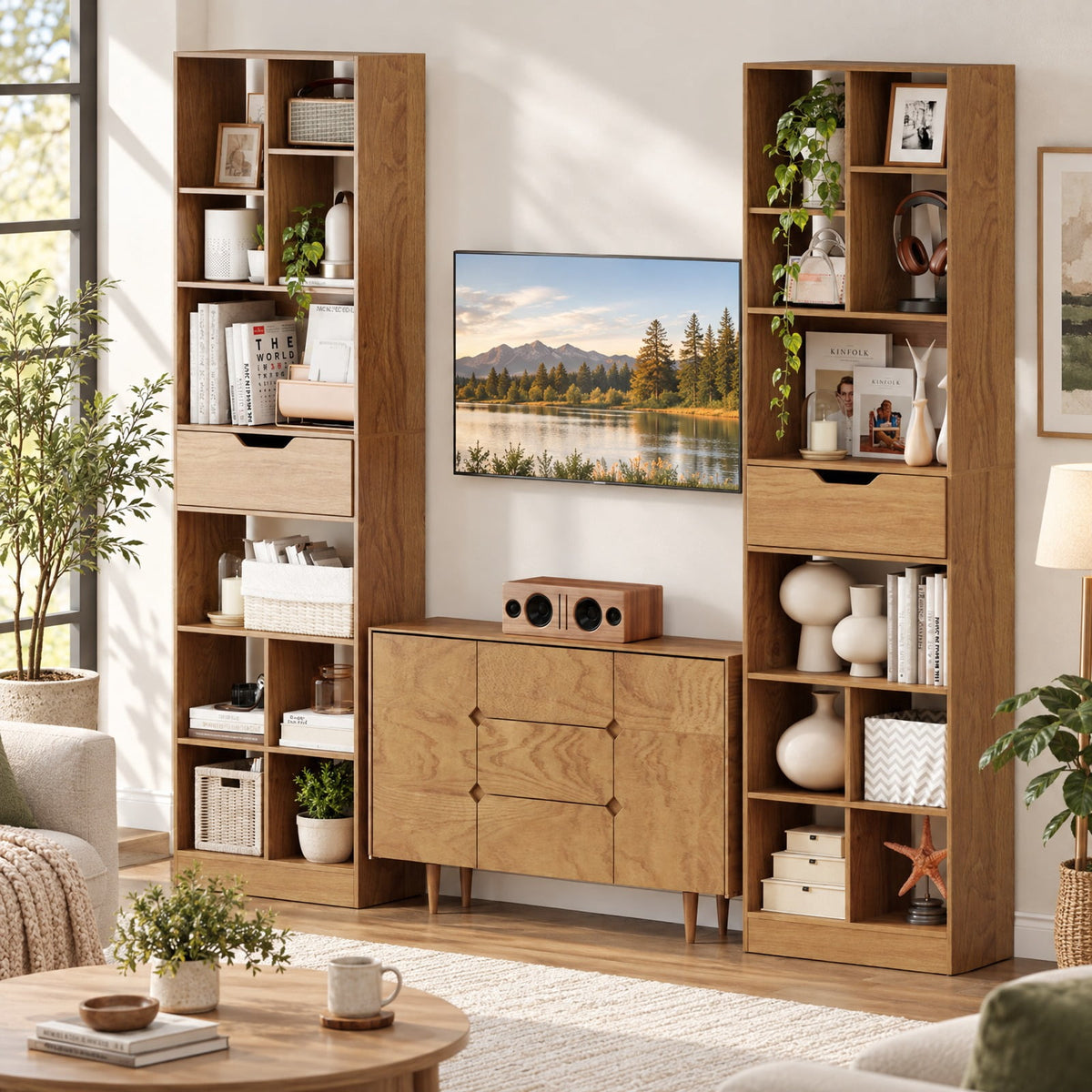 Airfind 71inch Tall Freestanding Bookcase with Drawer 10-Cube Storage Organizer, 205 lbs Capacity, Engineered Wood MDF Frame, Natural