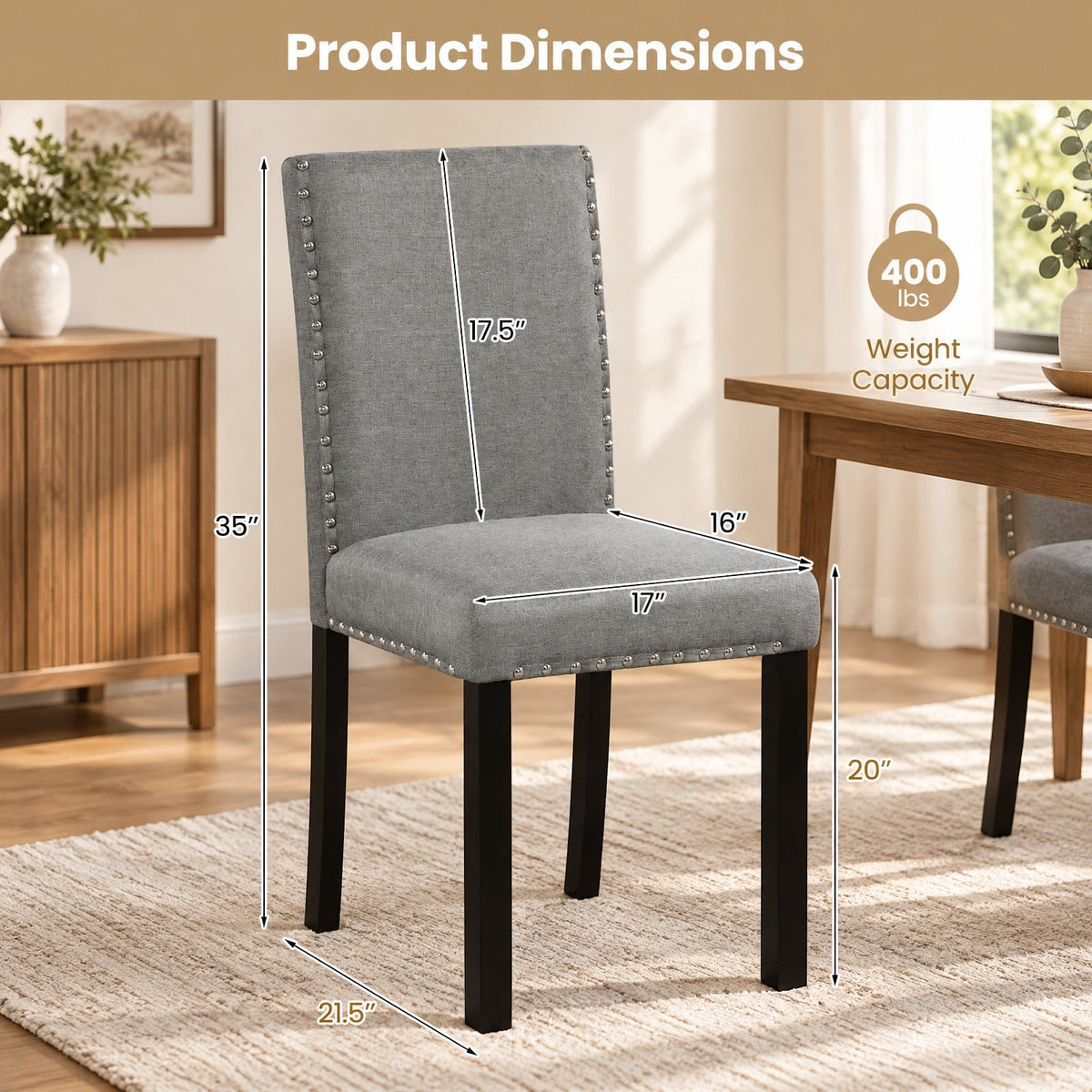 Airfind Dining Chairs Set of 2 Upholstered Accent Chairs with Bent Wood Legs and Nailhead Trim for Kitchen Cafe, 400 lb, Gray