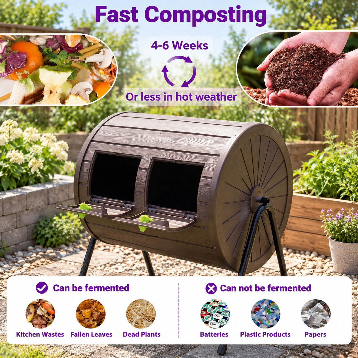 Airfind Compost Tumbler 37.5 Gallon Large Outdoor Compost Bin, PP Metal Frame, 28 x 25 x 36 Barrel Bin Footprint, Coffee