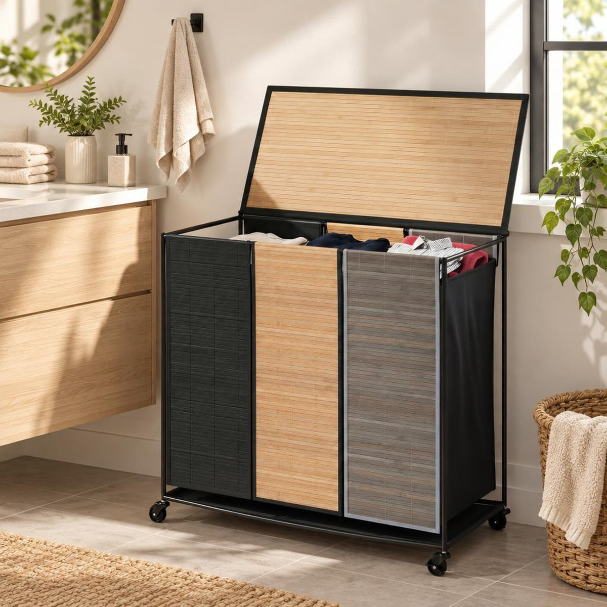 Airfind 21.4 Gal Laundry Hamper with Lid 3-Section with 2 Lockable Wheels, 11 lbs Capacity, Bamboo Metal Oxford Cloth Frame, Gray