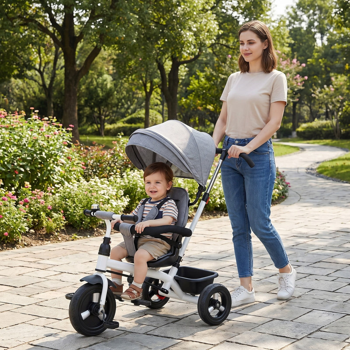 Airfind Folding Tricycle Baby Stroller with Reversible Seat and Adjustable Canopy, 55 lbs Capacity, Metal PP Linen Fabric Rubber Frame, Gray