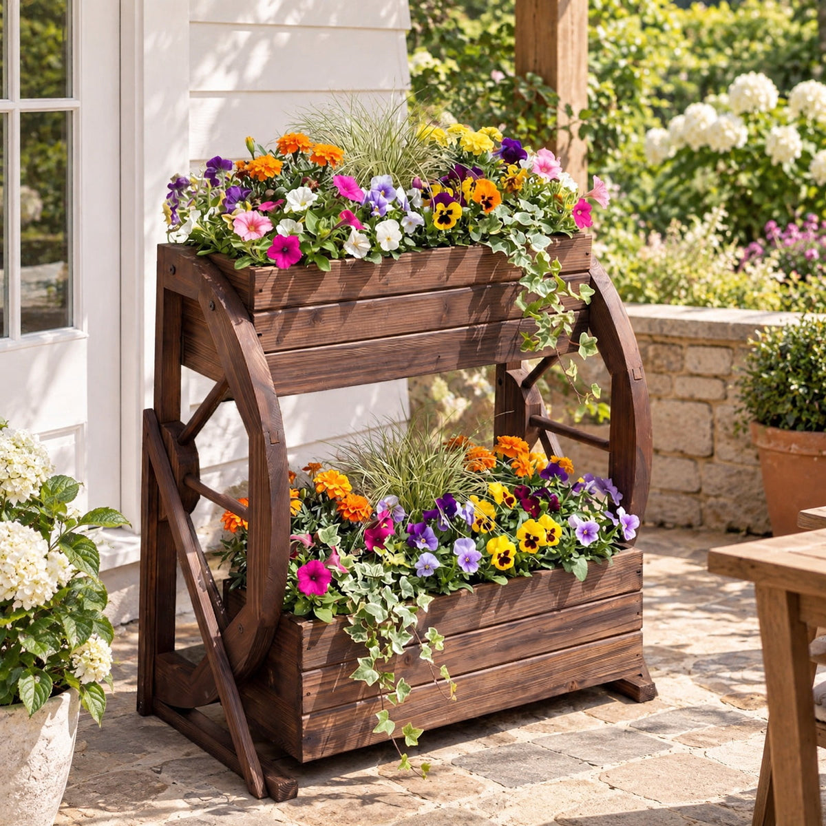Airfind 2-tier Raised Garden Bed Rustic Wood Wagon Planter with Drainage Holes and Semi-wheels, 22 lbs Capacity, Fir Wood Frame, Coffee