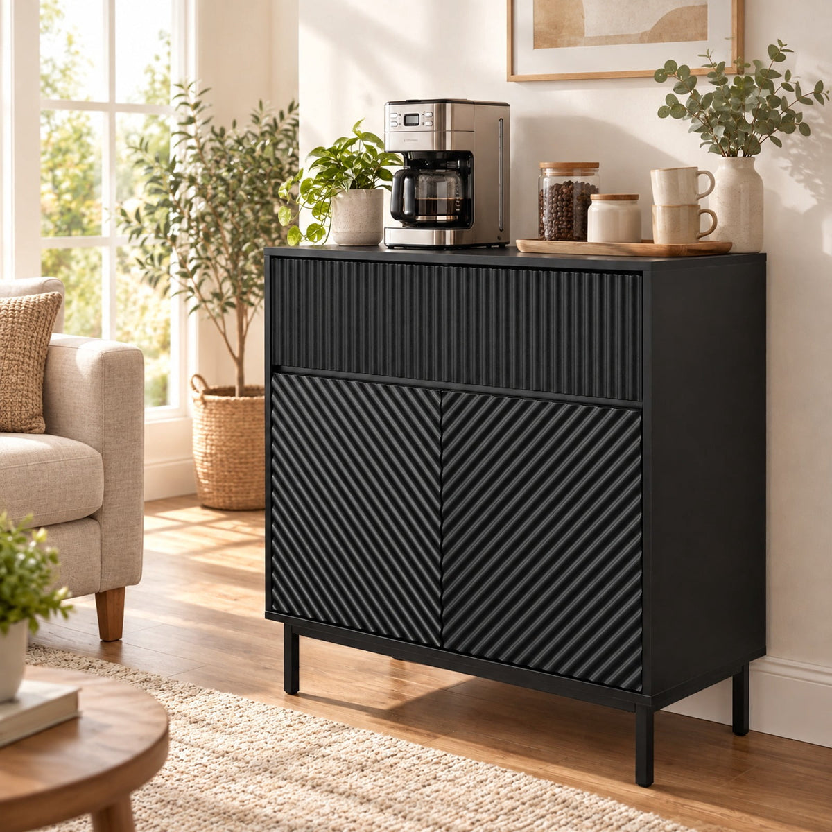 Airfind 32 Wide Buffet Cabinet with 2 Doors and 1 Drawer for Kitchen, 135 lbs Capacity, MDF Engineered Wood Metal Frame, Black