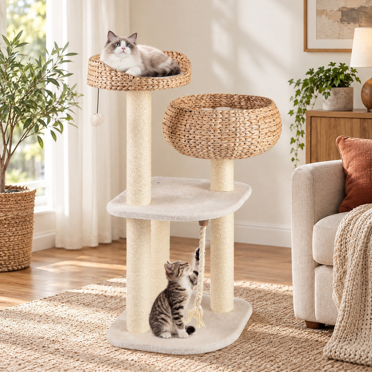 Airfind 41 Inch Rattan Cat Tree with Napping Perch, Water hyacinth straw sisal rope particle board Frame, White