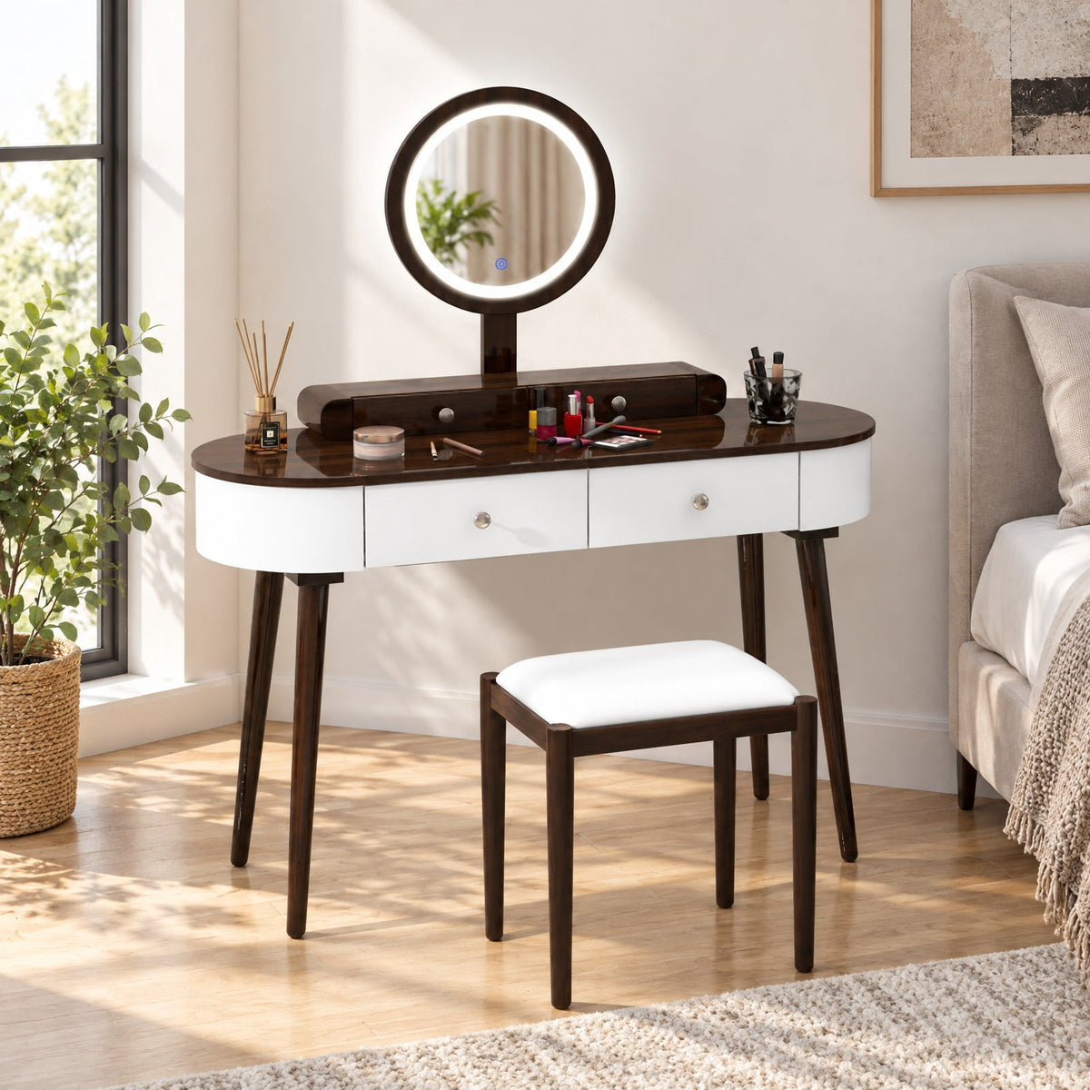 Airfind Dressing Vanity Table Set with LED Mirror and 4 Drawers, 170 lbs Capacity, MDF Frame, 47 Inch x 16.5 Inch x 56 Inch Footprint, White