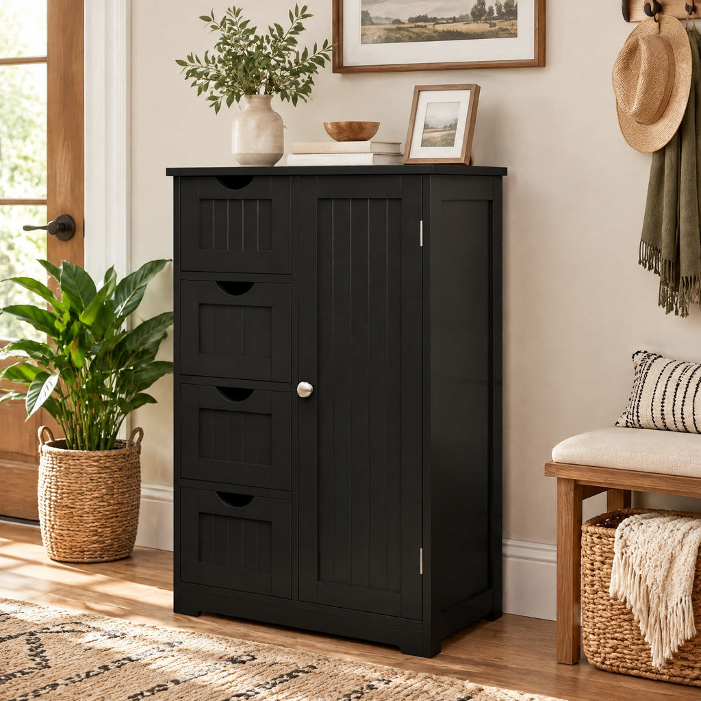 Airfind Standing Indoor Wooden Cabinet with 4 Drawers, 143 lbs Capacity, MDF Engineered Wood Frame, 21.5 Inch x 12 Inch x 32.5 Inch Footprint, Black