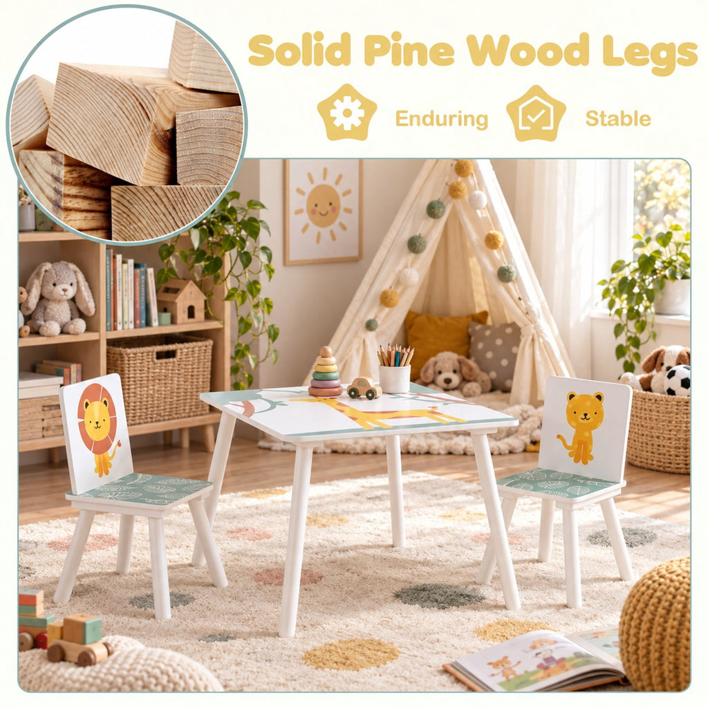 Airfind 3 Pieces Kids Table and Chairs Set with Animal Patterns for Aged 3-6 Years Old, 44 lbs Capacity, Pine Wood, for 3-6 Years Old