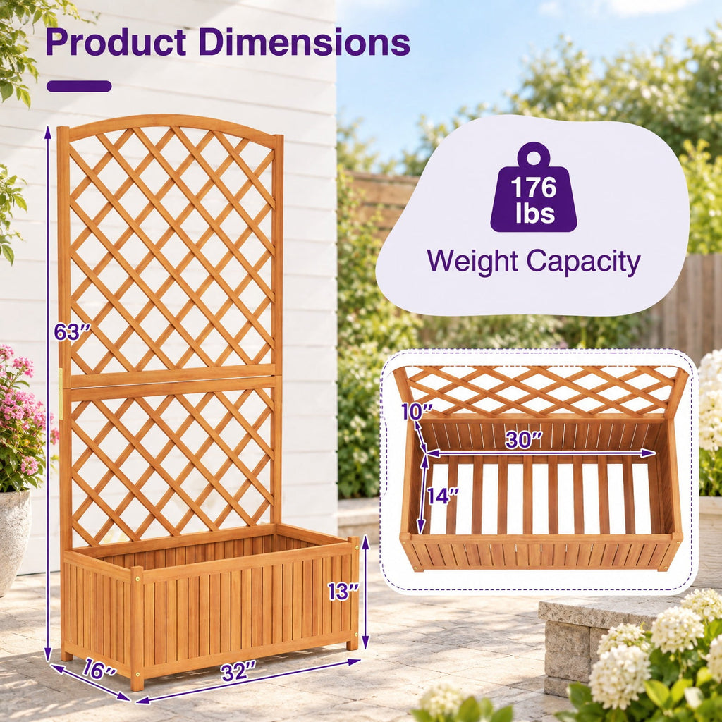 Airfind Wooden Raised Garden Bed with Trellis 63 Inch Tall Garden Planter, 80 kg Capacity, Acacia Wood Frame, 31.5 x 15.7 x 63 Footprint, Natural