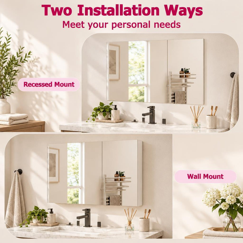 Airfind Frameless Bathroom Wall Mounted Mirror Cabinet with 3 Doors, Engineered Wood Glass Frame, 34.5 Inch x 5 Inch x 25.5 Inch (L x W x H). Footprint, White