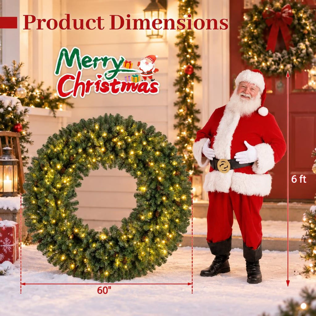 Airfind 60 Inch Pre-Lit Artificial Christmas Wreath 200 LED Warm White Lights-1 Piece, PVC Metal Frame, 60 x 60 Footprint, White