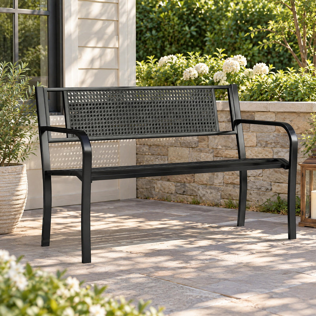 Airfind 50 Inches Garden Bench with Patterned Backrest and Curved Armrests, 660 lbs Capacity, Metal Frame, 50 × 23 × 32 Footprint, Black