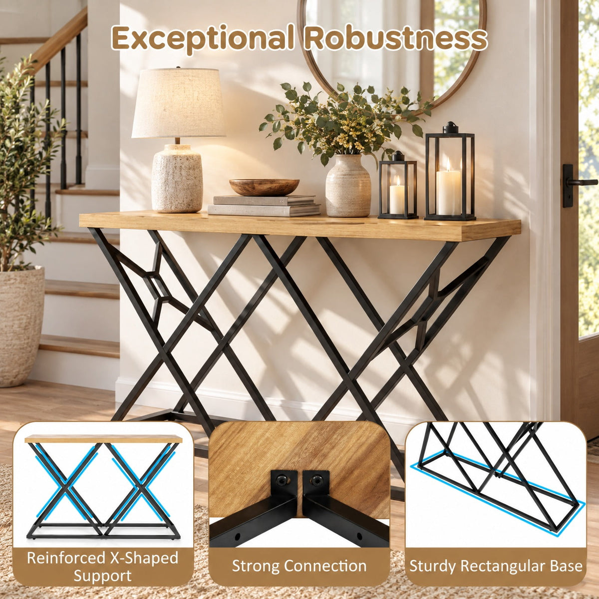 Airfind 55 Inch Console Table with Solid Metal Frame and Storage, 165 lbs Capacity, 55 Inch x 12 Inch x 36 Inch Footprint, Wood