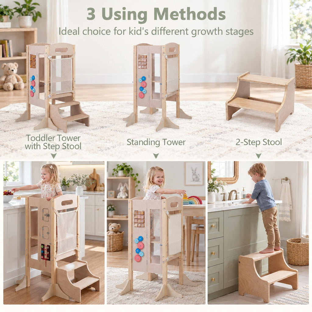 Airfind Standing Tower, Foldable Youth Step Stool Wooden Kitchen, with 2-Step Height, 110 lbs Capacity, Pine Wood Frame, for 3+ Years Old, Natural