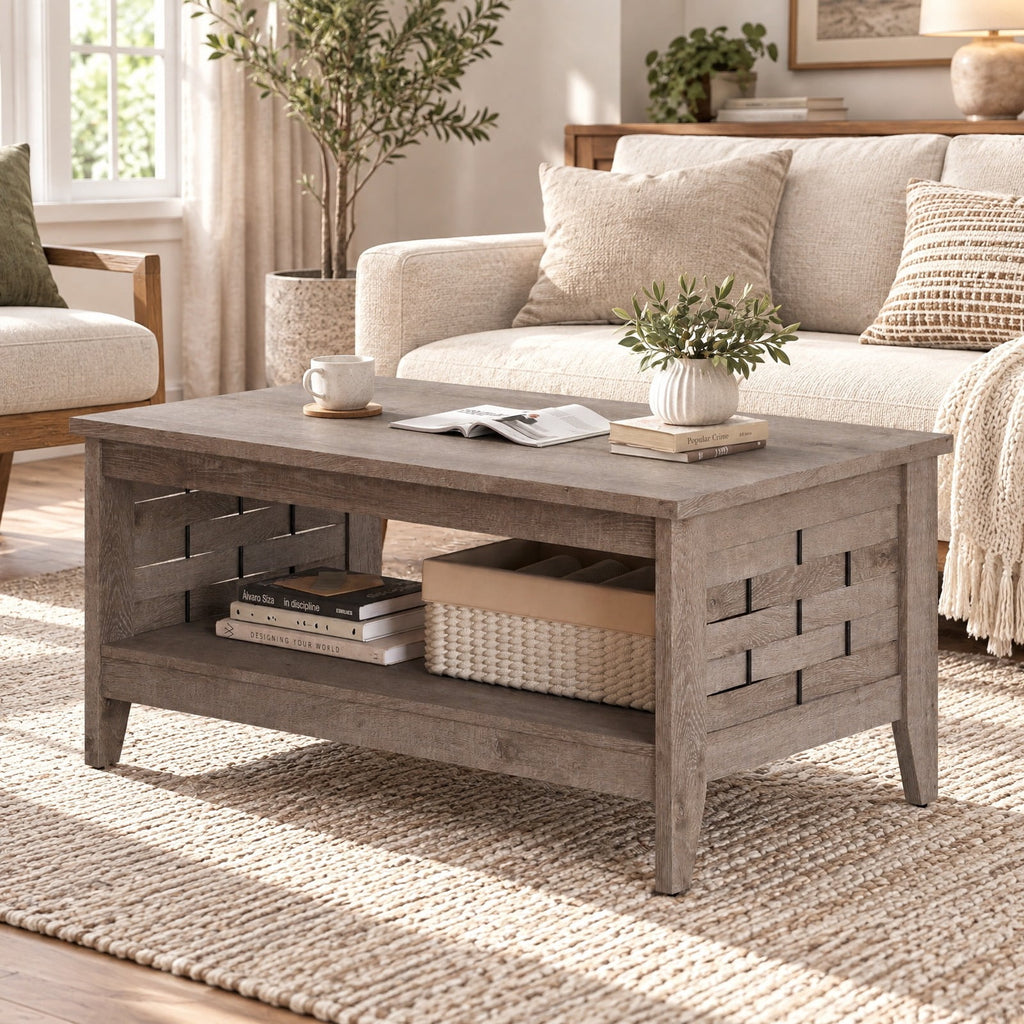 Airfind 2-Tier Farmhouse Coffee Table with Open Shelf and Woven Decorations for Living Room, 135 lbs Capacity, Engineered Wood MDF Frame, Coffee