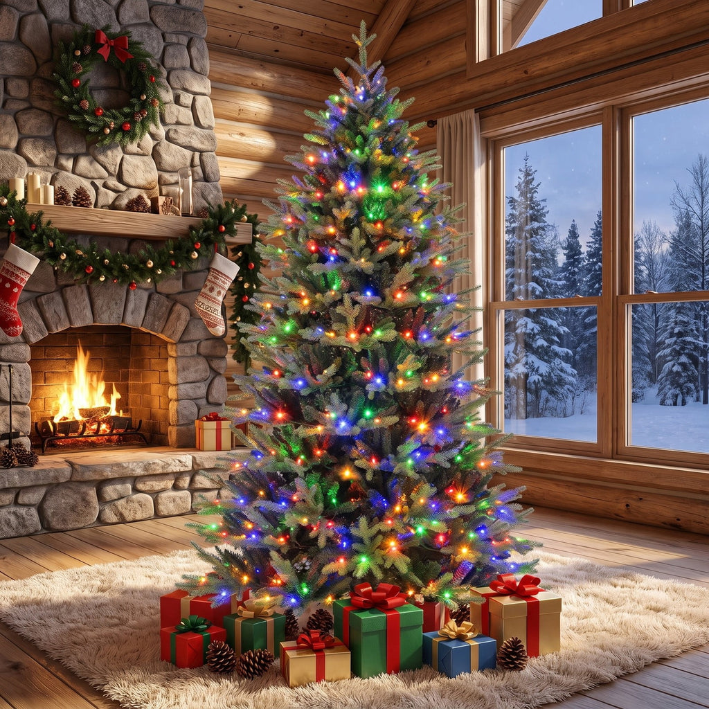 Airfind 7 Feet Artificial Xmas Tree Hinged with 11 Lighting Modes and Remote Control-7 ft, Green, Diameter of Stand 18/20/22