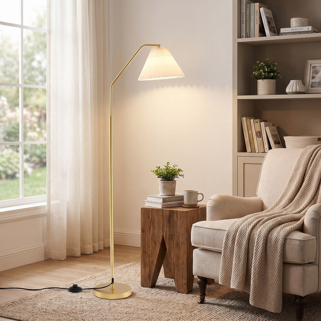 Airfind Modern Standing Lamp with Adjustable Lamp Head and Pleated Lampshade, Metal PVC Polyester Fabric Frame, 13 x 9 Footprint, Gold + White