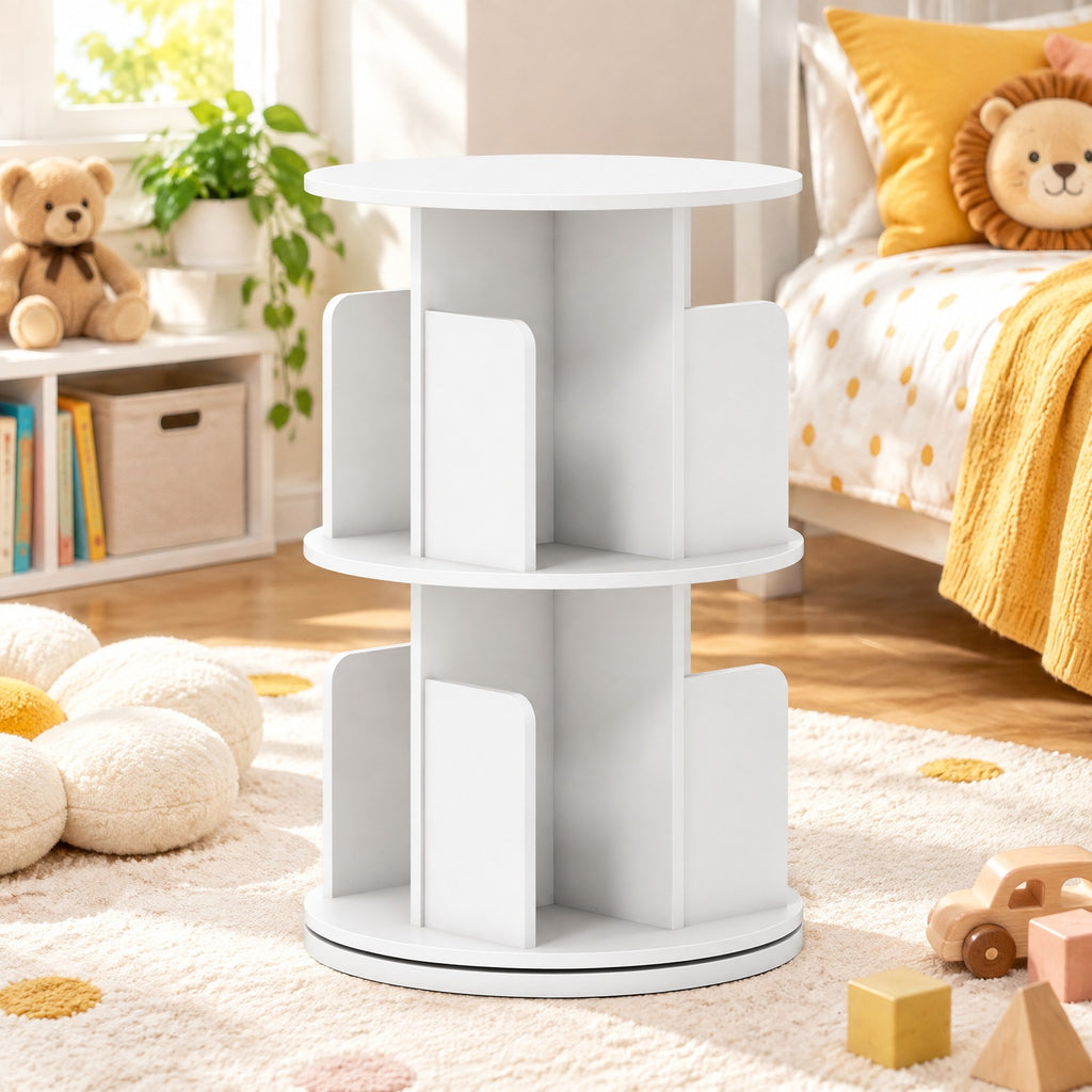 Airfind Bookshelf, 2-Tier Rotating, with Dividers and Anti-falling Baffles, 145 lbs Capacity, Engineered Wood Frame, White