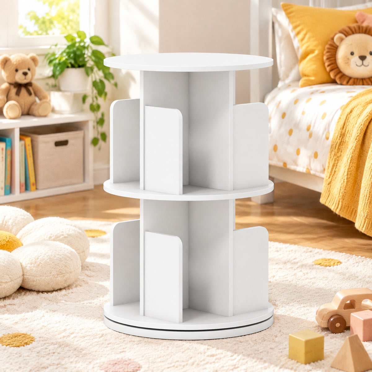 Airfind Bookshelf, 2-Tier Rotating, with Dividers and Anti-falling Baffles, 145 lbs Capacity, Engineered Wood Frame, White